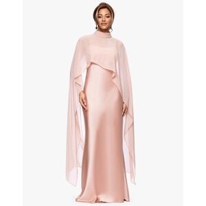 Xscape Evenings Rose Pink Satin Maxi Dress with Chiffon Capelet 7521X Size 6